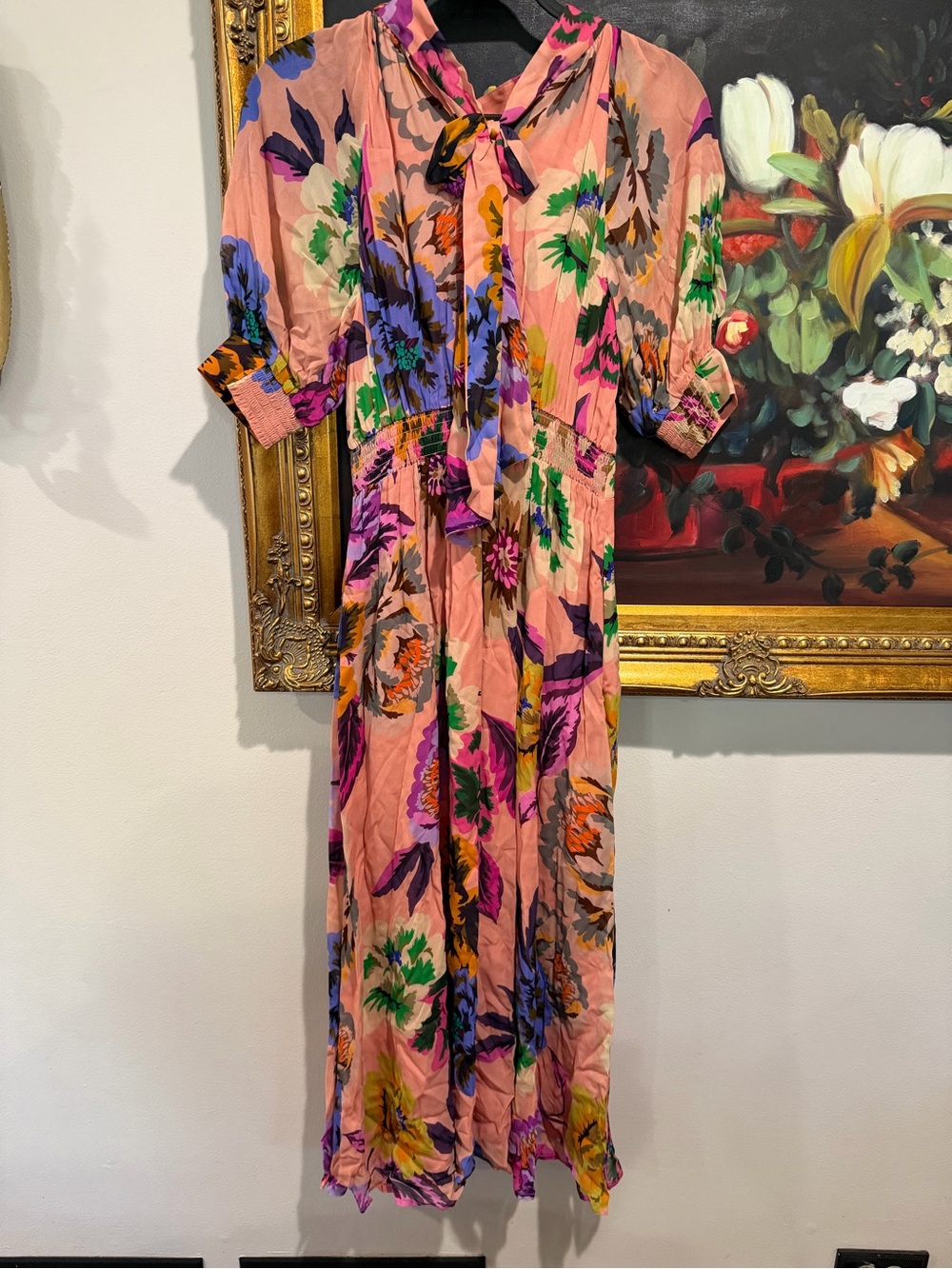 Boden Peach Floral Midi Dress with Purple and Yellow Blooms - Picture 3 of 6